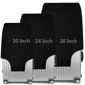 Puede incluir: Tres maletas plateadas con fundas protectoras negras. Las fundas tienen una superficie texturizada y están etiquetadas con el texto 20 Inch, 24 Inch y 28 Inch, indicando el tamaño de cada maleta para el que están diseñadas.