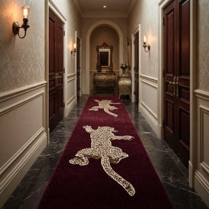 Puede incluir: Una alfombra de pasillo larga de color burdeos intenso con dos grandes motivos de leopardo estilizados en tonos crema y marrón. La alfombra está centrada en un pasillo con puertas de madera oscura, paredes crema con frisos y suelo de mármol.