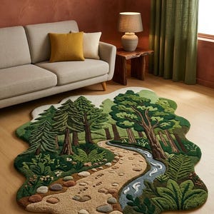 Alfombra 3D Bosque de Musgo, Alfombra de Suelo de Bosque Tejida a Mano, Alfombra de Área de Lana de Forma Irregular Inspirada en la Naturaleza, Sendero Botánico del Río para Guardería y Sala de Estar