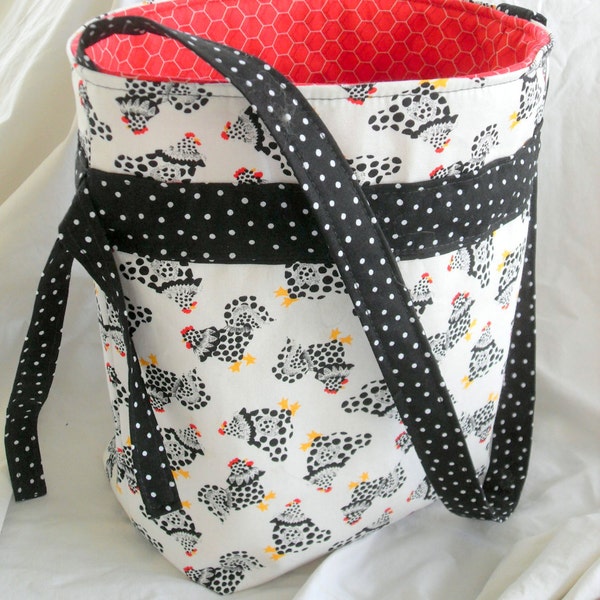 Project Bag -- Knit in Public Sock Spindle Drawstring Portable Knit Crochet Made to Order Chicken Polka Dot