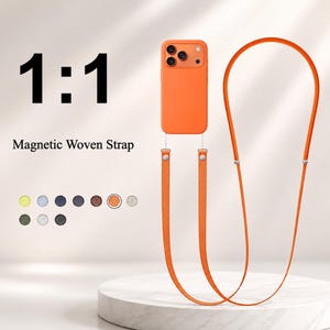 Puede incluir: Una funda de smartphone naranja con una correa magnética tejida a juego. El texto 1:1 y Magnetic Woven Strap aparecen a la izquierda. Una paleta de doce pequeños iconos circulares se muestra debajo del texto, mostrando varios colores disponibles.