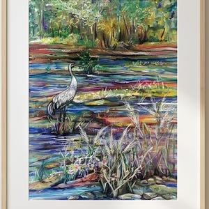 Original acrylic painting - Crane on the river, original acrylic painting, home decoration, gift, frame 43x53 cm