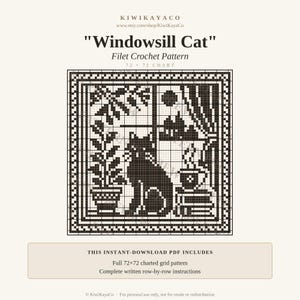 May include: A black and white filet crochet pattern chart titled Windowsill Cat. The grid design features a cat sitting on a windowsill next to a potted plant, a steaming cup, and books, with a window view of a moon and trees in the background.