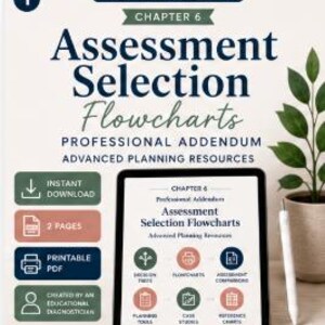 May include: A digital tablet displays a document titled Chapter 6 Assessment Selection Flowcharts Advanced Planning Resources. The screen shows six circular icons labelled Decision Trees, Flowcharts, Assessment Comparisons, Planning Tools, Case Studies, and Reference Charts.