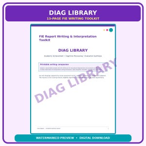 Puede incluir: Un documento de 13 páginas FIE Writing Toolkit titulado DIAG LIBRARY. La página blanca presenta texto en color violeta que incluye FIE Report Writing & Interpretation Toolkit, Academic Achievement, Cognitive Processing, Evaluation Synthesis y Printable writing companion.