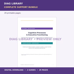 May include: A 29-page printable digital document titled Diag Library Complete Support Bundle. The cover page features the text Cognitive Processes & Executive Functioning, 7 Cognitive Processes, 6 Executive Skills, and Preview Only.