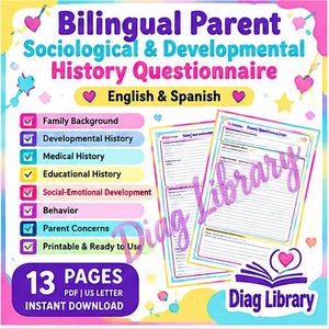 以下が含まれることがあります： 英語とスペイン語で書かれた13ページのバイリンガルな親の社会学的・発達的履歴アンケート。家族の背景、病歴、行動に関するセクションが含まれています。印刷可能なPDF形式の文書です。