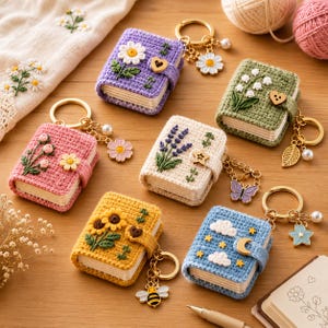 Könnte beinhalten: Sechs Miniatur-Schlüsselanhänger in Buchform aus Häkelarbeit in Lila, Grün, Rosa, Creme, Gelb und Blau. Jedes Stück zeigt gestickte Blumen- oder Himmelsmotive, einen Knopfverschluss und einen goldfarbenen Metallring mit verschiedenen Anhängern.
