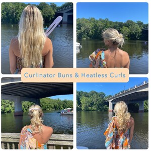 May include: A woman with long blonde hair is shown in three different poses. In the first image, she is wearing a floral dress and has her hair down. In the second image, she is wearing a floral dress and has her hair in a bun. In the third image, she is wearing a floral dress and has her hair in loose curls. The caption reads "Curlinator Buns & Heatless Curls".