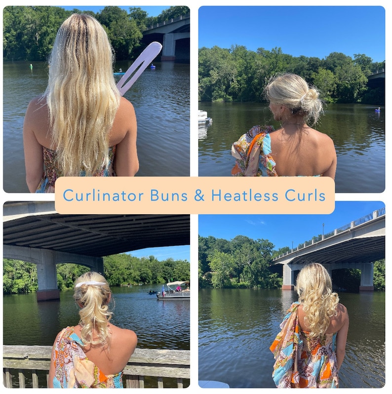 May include: A woman with long blonde hair is shown in three different poses. In the first image, she is wearing a floral dress and has her hair down. In the second image, she is wearing a floral dress and has her hair in a bun. In the third image, she is wearing a floral dress and has her hair in loose curls. The caption reads "Curlinator Buns & Heatless Curls".