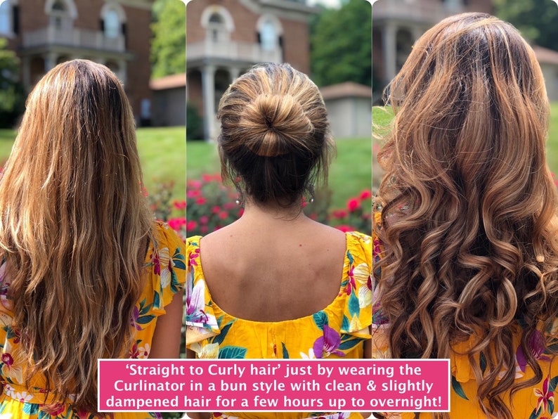 May include: A woman's hair is shown in three stages: straight, in a bun, and curled. The caption reads, 'Straight to Curly hair' just by wearing the Curlinator in a bun style with clean & slightly dampened hair for a few hours up to overnight!'