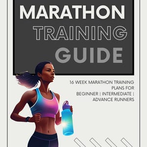 Könnte beinhalten: Ein digitales Dokument mit dem Titel MARATHON TRAINING GUIDE, das eine laufende Person in blau-rosa Sport-BH und schwarzer Hose mit blauer Trinkflasche zeigt. Der Text lautet 16 WEEK MARATHON TRAINING PLANS FOR BEGINNER | INTERMEDIATE | ADVANCE RUNNERS.