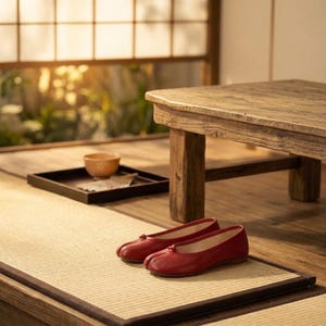 May include: A pair of red leather flat shoes with a split-toe design and a small knot detail on the vamp. The shoes feature a smooth finish, a rounded toe shape, and a low-profile silhouette, resting on a textured woven mat surface.