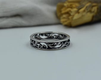 Filigree Sterling Silver Ring, Boho Floral Eternity Band, Oxidized Handmade Vintage Style