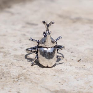Sterling Silver Rhinoceros Beetle Ring, Realistic Insect Statement Jewelry, Vintage Boho Style