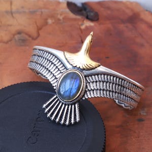 Blue Fire Labradorite Sterling Silver Bangle, Eagle Feather Design Bracelet