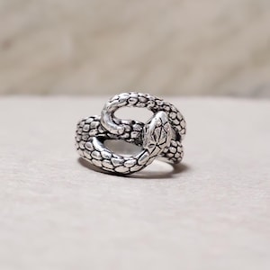 Può includere: Un anello color argento a forma di serpente avvolto. La superficie metallica presenta un motivo a scaglie dettagliato e strutturato su tutto il corpo del serpente, con una testa e occhi ben definiti visibili sulla parte anteriore.
