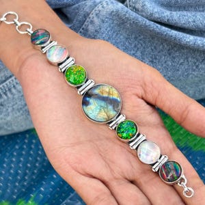 Sterling Silver Labradorite Multi Fire Opal Charm Bracelet, Boho Gemstone Jewelry