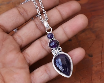 Handmade Sterling Silver Amethyst Drop Necklace, Boho Crescent Moon Pendant