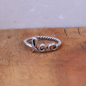 Sterling Silver Cursive Word Ring, Twisted Rope Band, Boho Stackable Jewelry