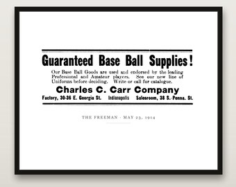 Stampa vintage di articoli sportivi, pubblicità di baseball di Charlie Carr del 1914, arte murale di Indianapolis, decorazione per la stanza degli hobby, download digitale stampabile