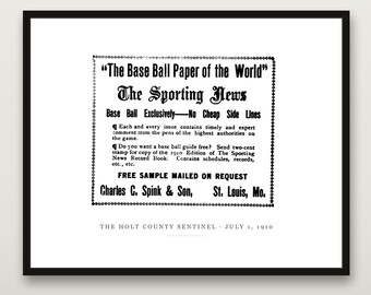 Stampa di notizie sportive, pubblicità vintage di baseball del 1910, decorazione per ufficio, regalo per redattore, arredamento per la stanza degli hobby, download digitale stampabile