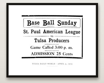 Stampa "Base Ball Sunday", pubblicità vintage dei Tulsa Producers del 1915, decorazione murale a tema baseball dell'Oklahoma, arredamento per la "tana dell'uomo", download digitale stampabile.