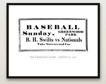 Stampa di baseball di Nashville, annuncio pubblicitario del Greenwood Park del 1917, arte murale vintage del Tennessee, storia delle Negro Leagues, download digitale stampabile