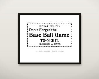 Stampa del teatro dell'opera a tema baseball, pubblicità teatrale vintage del 1899, arte murale del South Dakota, decorazione per la cameretta a tema baseball, download digitale stampabile