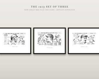 Set di 3 stampe di Shoeless Joe Jackson, vignette di baseball del 1913, Joe Wood e Jake Daubert, arte sportiva vintage da parete, download digitale
