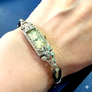 1930s 14K Solid Gold Diamond Bulova Art Deco Cocktail Watch & Display Box