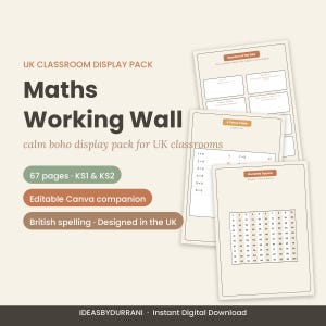 Può includere: Un pacchetto espositivo per aule scolastiche intitolato Maths Working Wall, che comprende 67 pagine per KS1 e KS2. Il set include fogli stampabili per Number of the Day, 5 Times Table e un Hundred Square, con una tavolozza di colori neutri.
