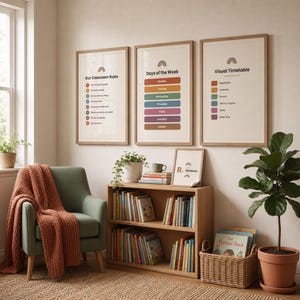 May include: Three framed educational posters titled Our Classroom Rules, Days of the Week, and Visual Timetable, each featuring a small rainbow icon. The posters are displayed on a wall above a wooden bookshelf filled with books and a small sign.