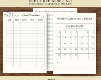 Debt Free Reset Kit, Printable Money Tracker Bundle, Bills Calendar and Weekly Reset