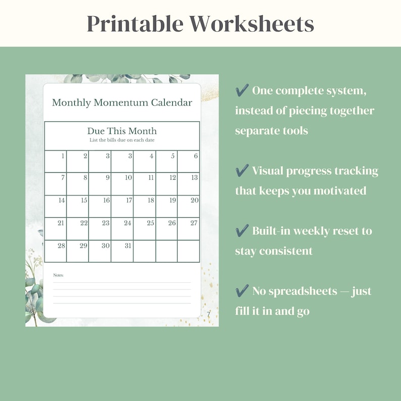 Printable worksheets checklist for debt payoff, visual tracking and weekly reset system
