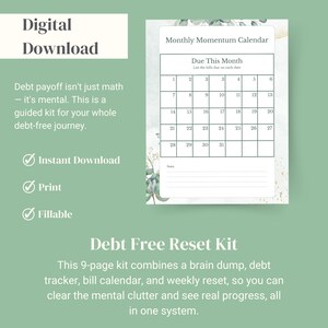 Debt Free Reset Kit digital download product preview with instant download and print details