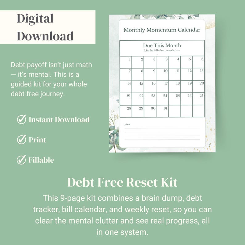 Debt Free Reset Kit digital download product preview with instant download and print details