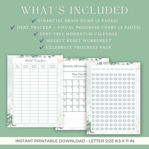 What's included in Debt Free Reset Kit: brain dump, debt tracker, calendar, weekly reset, progress page