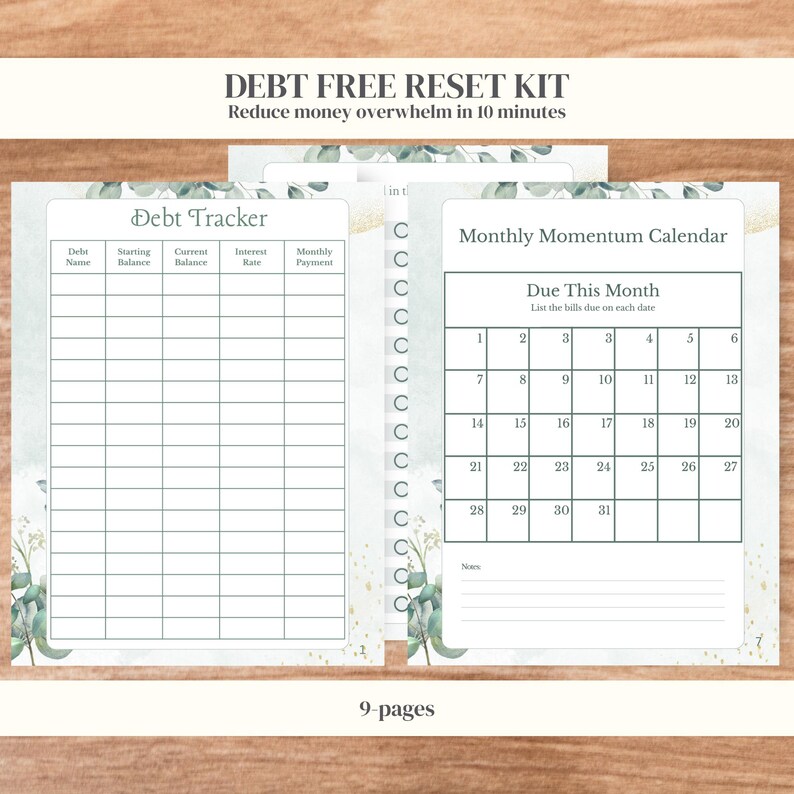 Debt Free Reset Kit printable cover, debt payoff bundle in soft sage botanical design
