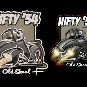 May include: Two graphic illustrations of a black pickup truck with the text NIFTY '54 and Old Skool. The left design features an embroidered texture effect, while the right design shows a smooth illustration with glowing yellow headlights.