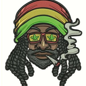 May include: An embroidered patch featuring a person with dark skin, long black dreadlocks, and a beard. The person wears a red, yellow, and green knit cap and glasses with green leaf icons on the lenses. A lit cigarette emits white smoke.