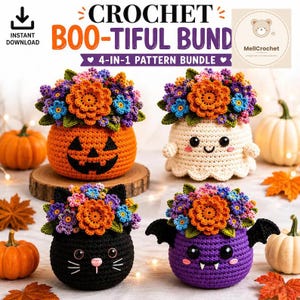 Cat, Ghost, Pumpkin, Bat (PDF), Halloween Crochet Flower Pot Pattern Bundle