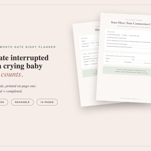Puede incluir: Un planificador de citas de 3 meses con 19 páginas, que incluye el texto: The 3-month date night planner, A date interrupted by a crying baby still counts, House rule, printed on page one: attempted = completed, Undated, Reusable.