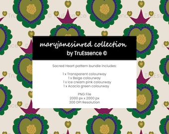 Sacred Heart Seamless Pattern PNG, Green Pink Folk Art