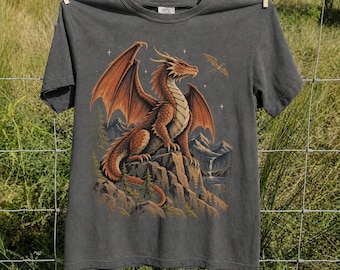 May include: A charcoal gray short-sleeve t-shirt featuring a graphic print of a large orange dragon perched on a rocky mountain peak. The illustration includes a small flying creature, distant mountains, a waterfall, and scattered stars against a dark sky.