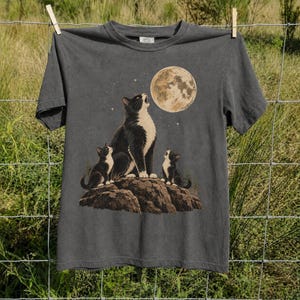 May include: A charcoal gray short-sleeve t-shirt featuring a graphic print of a large black and white cat and two smaller kittens sitting on a rocky outcrop, all looking up at a large, textured full moon surrounded by small white stars.