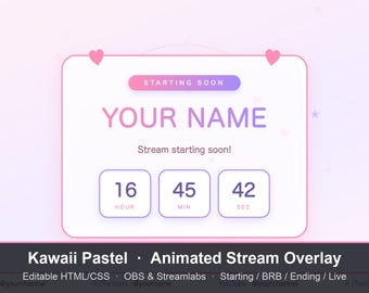 Kawaii Pastel Animated Twitch Overlay Pack | Cute Pink Starting Soon BRB Ending Live | Editable OBS Streamlabs VTuber