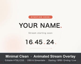 Minimal Animated Twitch Overlay Pack | Clean Aesthetic Starting Soon BRB Ending Live | Editable OBS Streamlabs VTuber