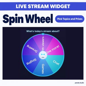 May include: A digital spin wheel widget for live streams featuring a gradient color wheel with segments labeled Drawing, with viewers, One more!, Chat, Games, and Singing. The center button is labeled SPIN, and the header reads LIVE STREAM WIDGET Spin Wheel.
