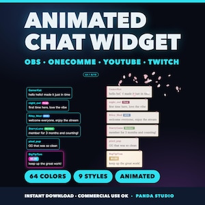 Può includere: Un widget chat animato per OBS, Onecomme, YouTube e Twitch con vari messaggi utente, badge e avvisi di donazione. Il display include 64 colori e 9 stili, con elementi testuali come GamerKat, night_owl, Riley_Mod, StarryLuna, pixel_pup e BigTipTom.